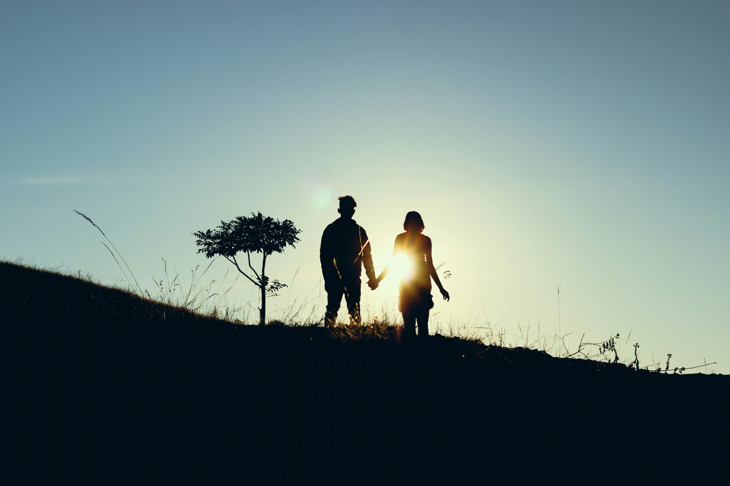 Silhouette of a couple holding hands during a serene sunset in Koraput, India.